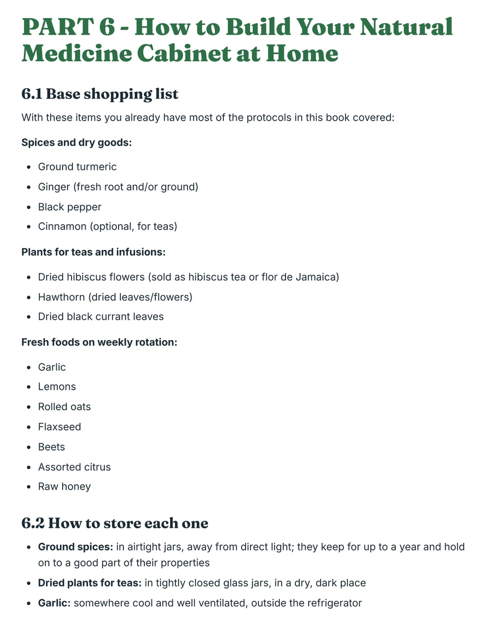 A real page from Part 6: the base shopping list for a natural medicine cabinet