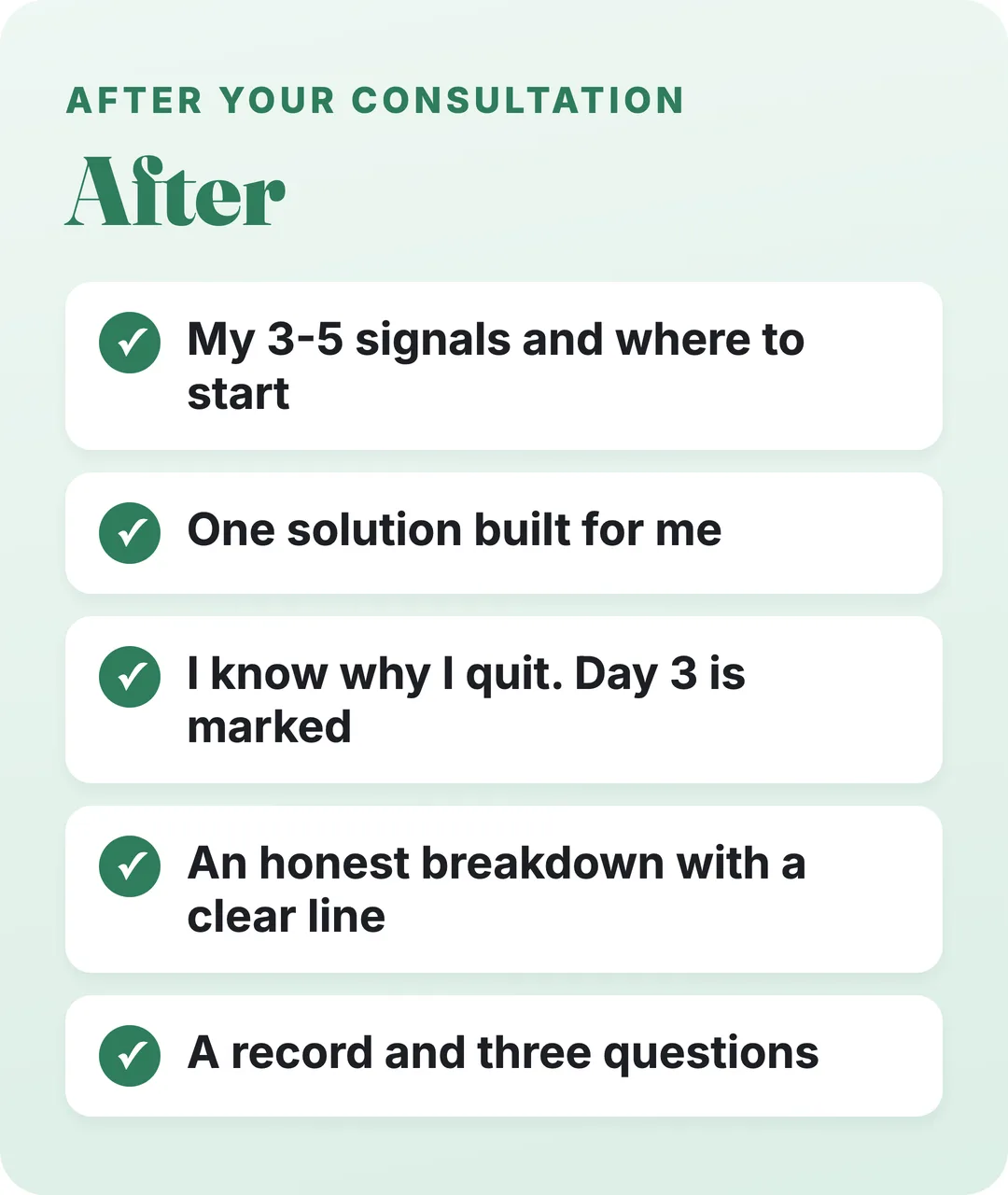 After: my 3-5 signals, one solution built for me, day 3 marked, an honest breakdown, a record and three questions