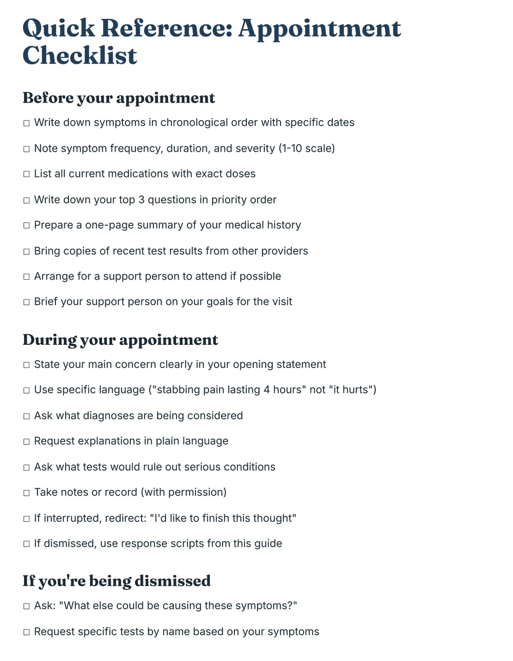 A real page from the book: the appointment checklist for before and during your visit