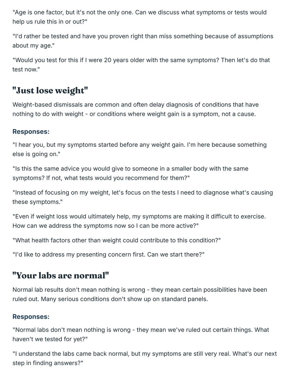 A real page from Part Five: replies to you're too young, just lose weight and your labs are normal