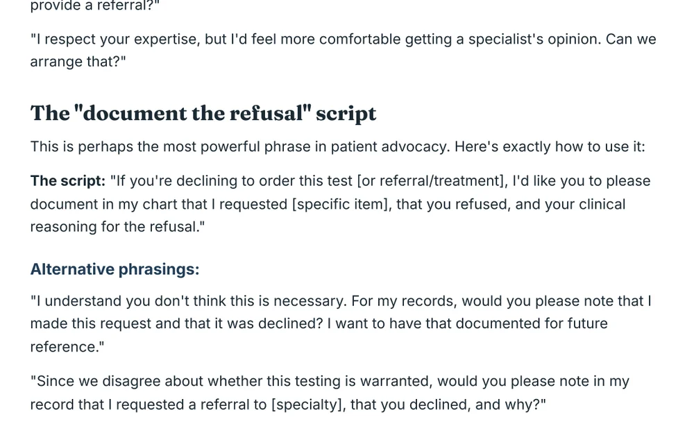 A real page from the book: the document the refusal script, with alternative phrasings