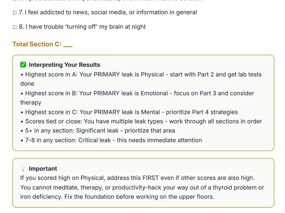 A real page from Energy Every Day: interpreting your results and the important note about fixing the physical level first