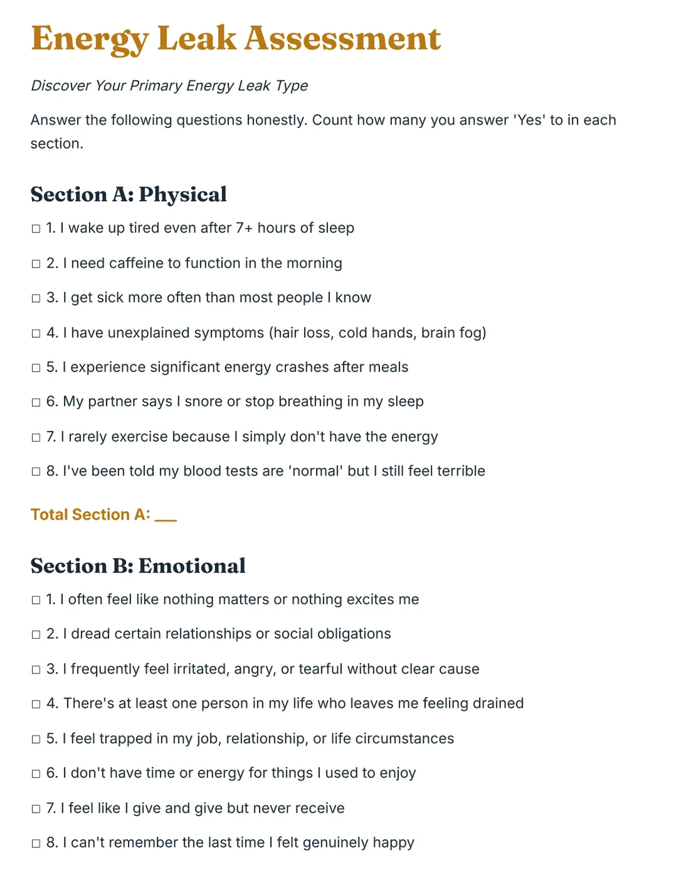 A real page from Energy Every Day: the Energy Leak Assessment, section A physical and section B emotional