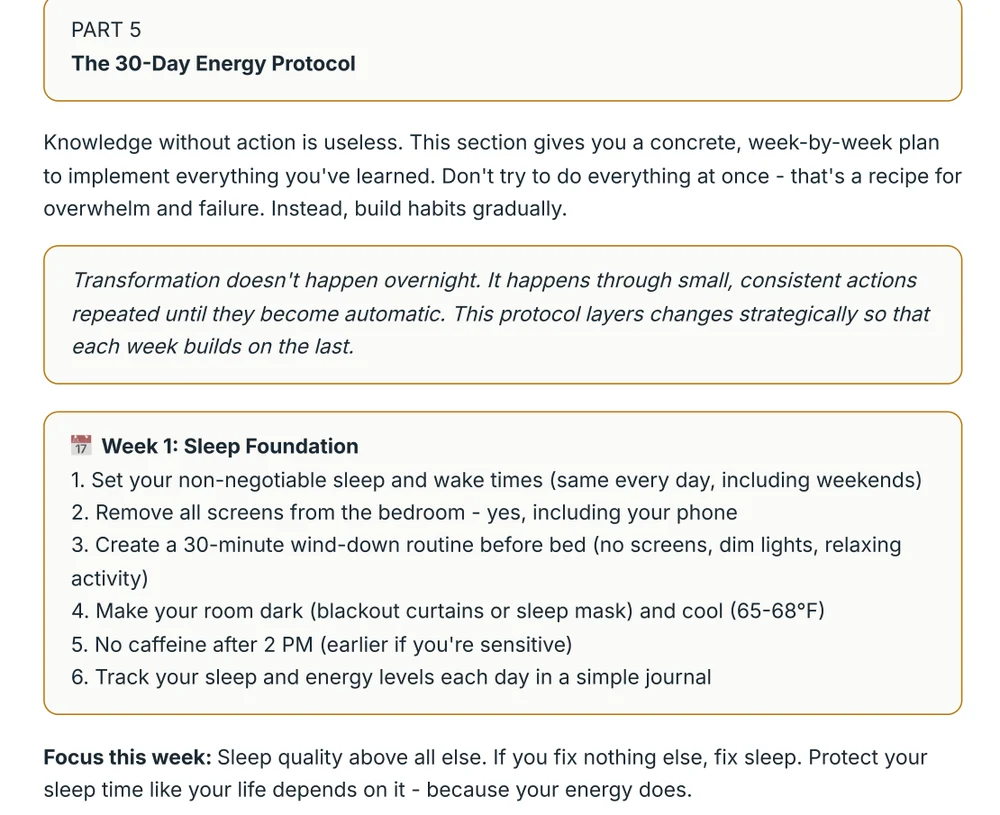 A real page from Part 5: the 30-day energy protocol, week 1 sleep foundation