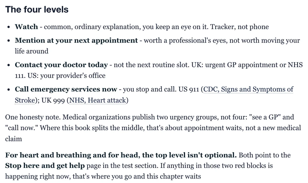 A real page from Part 4: the four levels of the body-signals traffic light, with sources