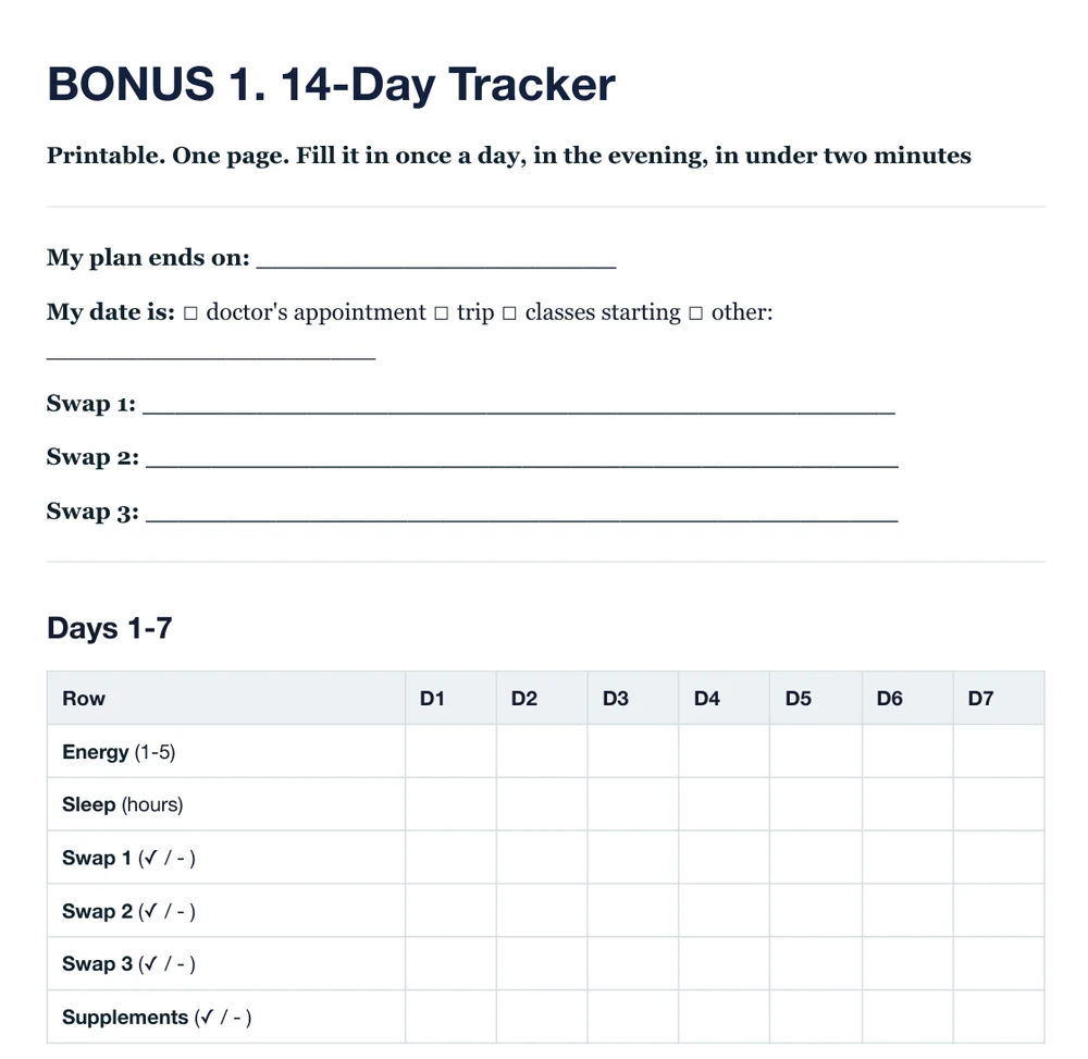 A real page from the printable 14-Day Tracker, days 1 to 7