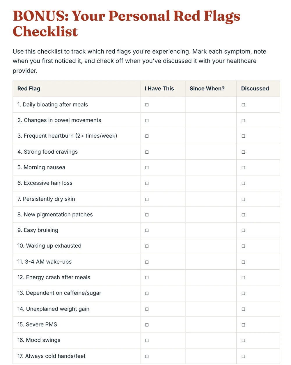 A real page from Body Red Flags: the Personal Red Flags Checklist with columns I Have This, Since When and Discussed