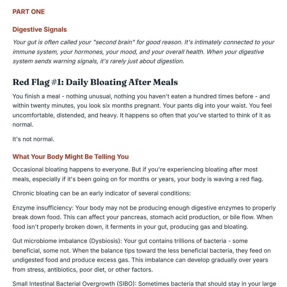 A real page from Part 1 of Body Red Flags: Red Flag #1, daily bloating after meals